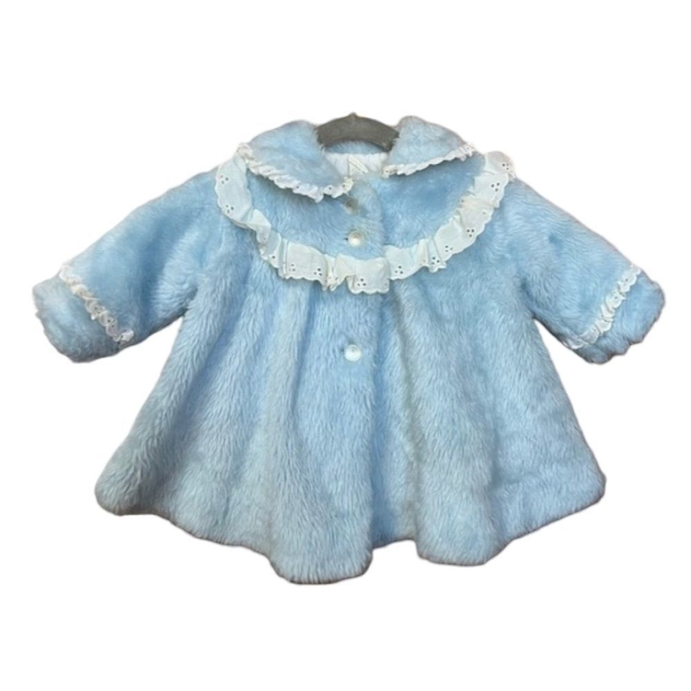 Sweet Vintage 1960s Girls Baby Blue Faux Fur Lace Embellished Swing Coat - Picture 1 of 13